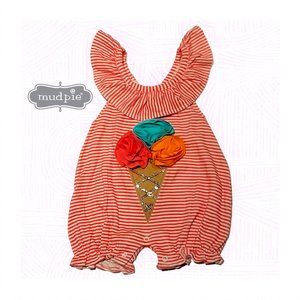 Mudpie Striped Bubble Romper Pink White Ruffle Ice Cream Cone Size 6-9M